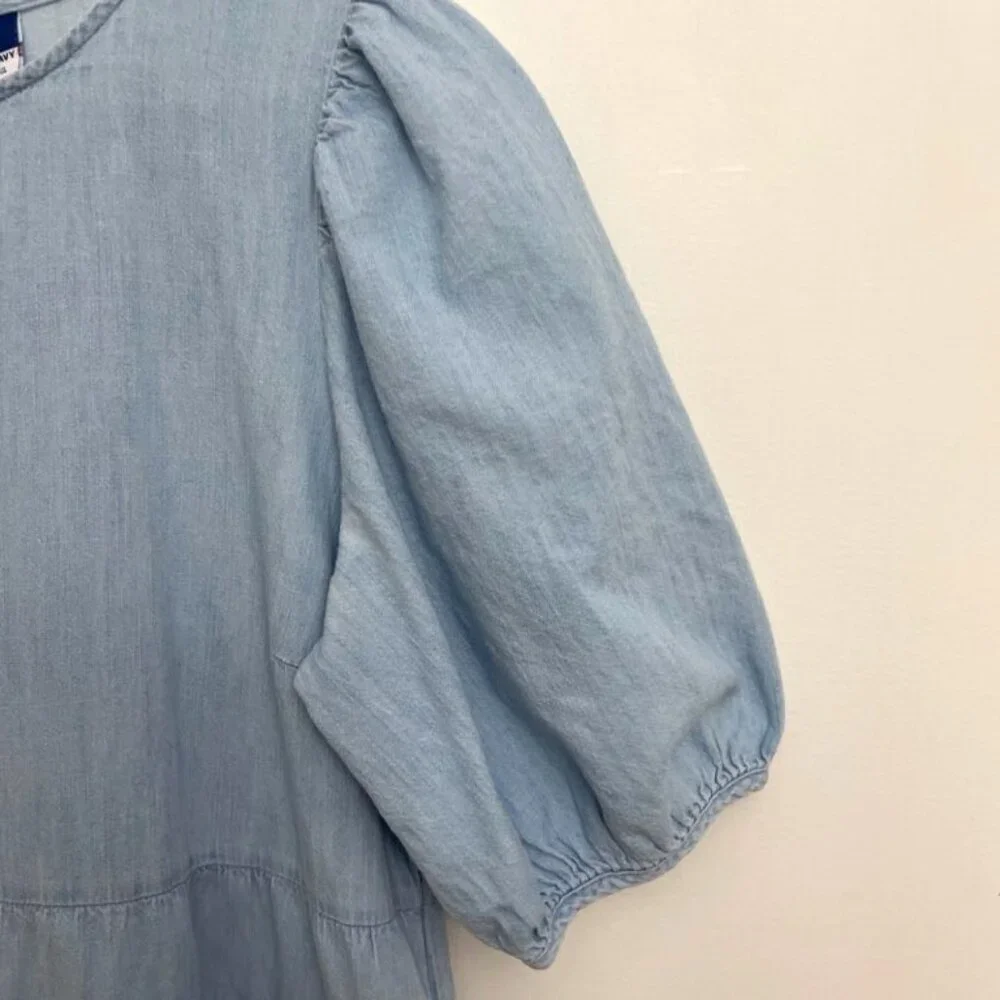 Old Navy Blue Denim Chambray Dress Women's Sz L Puff Sleeve Tiered Cotton - Picture 3 of 6